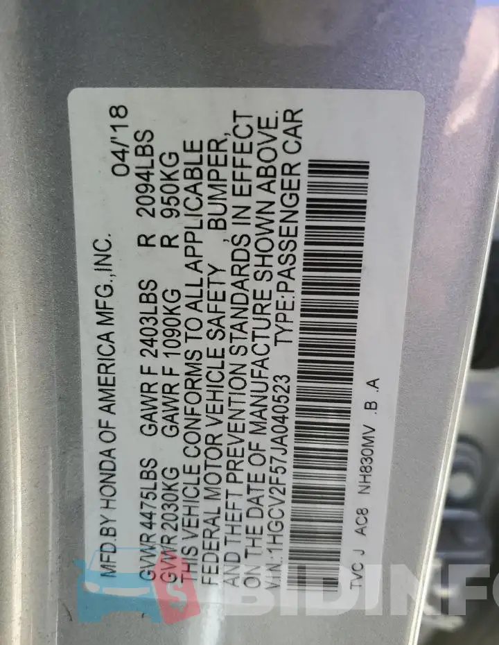 1HGCV2F57JA040523 Photo# 12