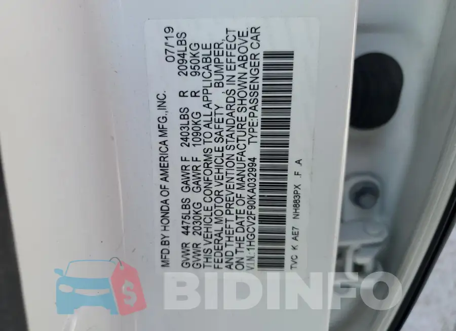 1HGCV2F90KA032994 Photo# 12