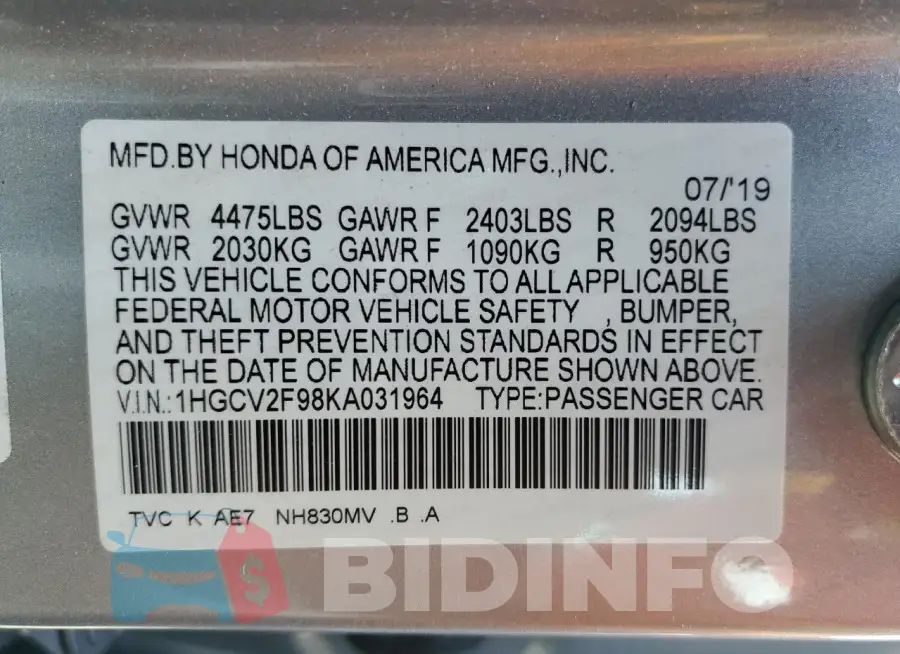 1HGCV2F98KA031964 Photo# 12