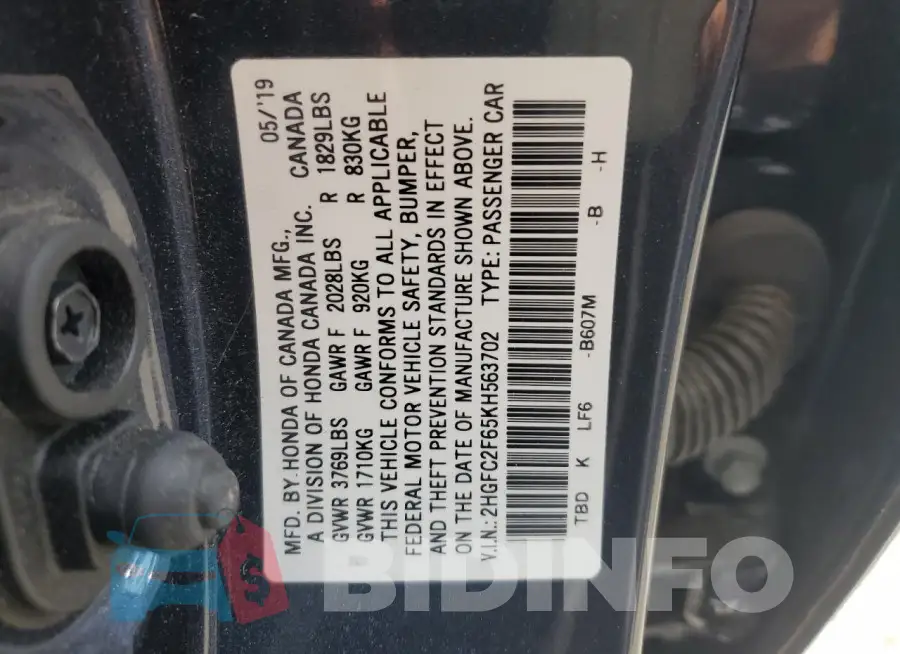 2HGFC2F65KH563702 Photo# 12