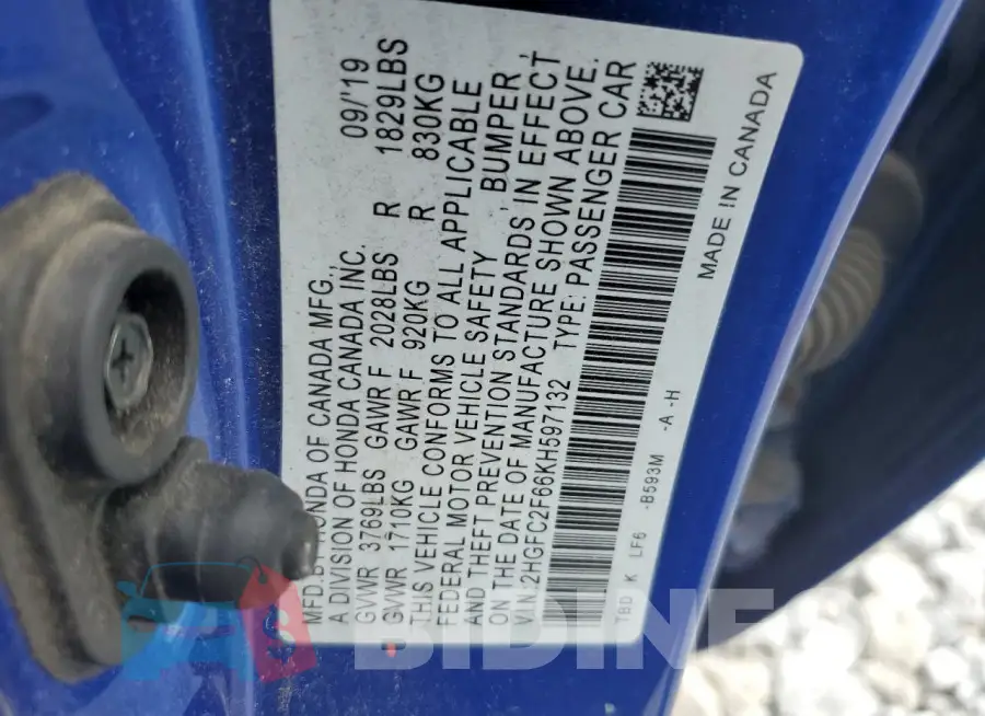 2HGFC2F66KH597132 Photo# 12