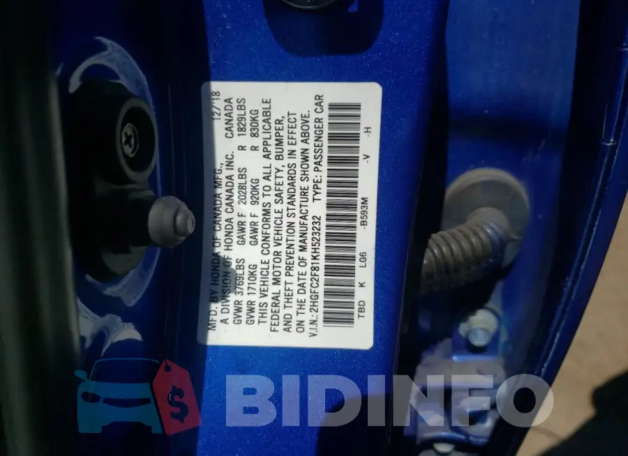2HGFC2F81KH523232 Photo# 12
