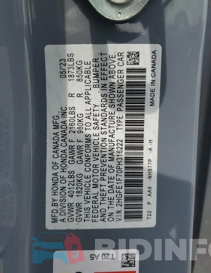 2HGFE1F70PH316222 Photo# 13