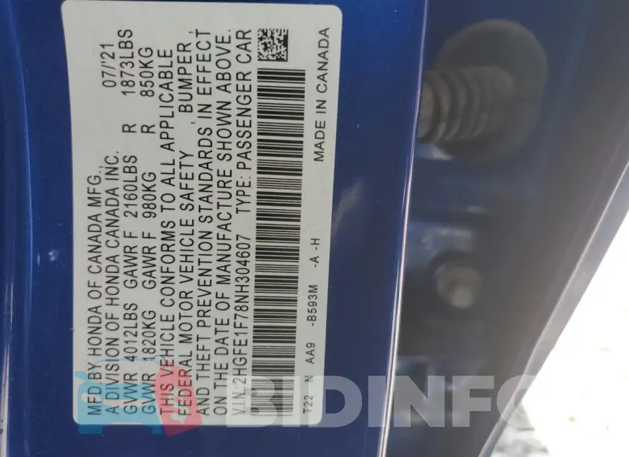 2HGFE1F78NH304607 Photo# 13