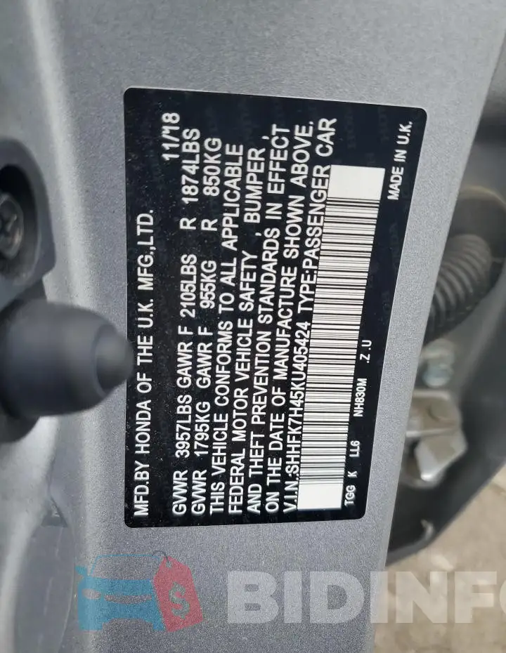 SHHFK7H45KU405424 Photo# 12