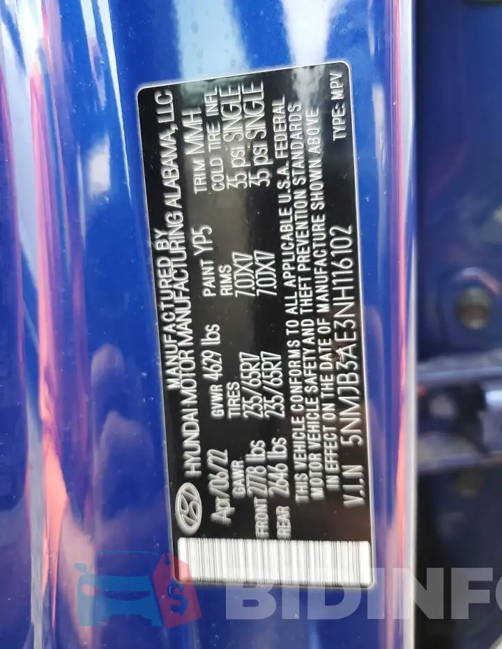 5NMJB3AE3NH116102 Photo# 13
