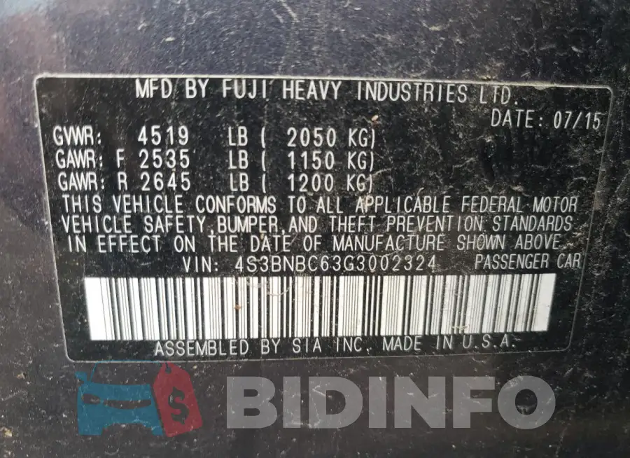 4S3BNBC63G3002324 Photo# 12