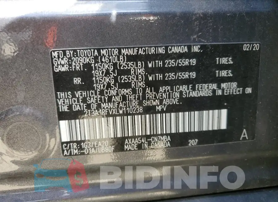 2T3A1RFVXLW110238 Photo# 13