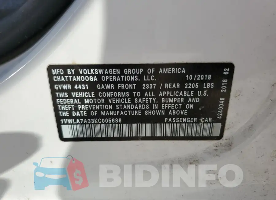 1VWLA7A33KC005686 Photo# 12