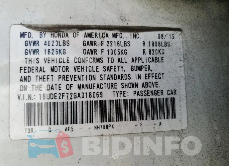19UDE2F72GA018069 Photo# 12