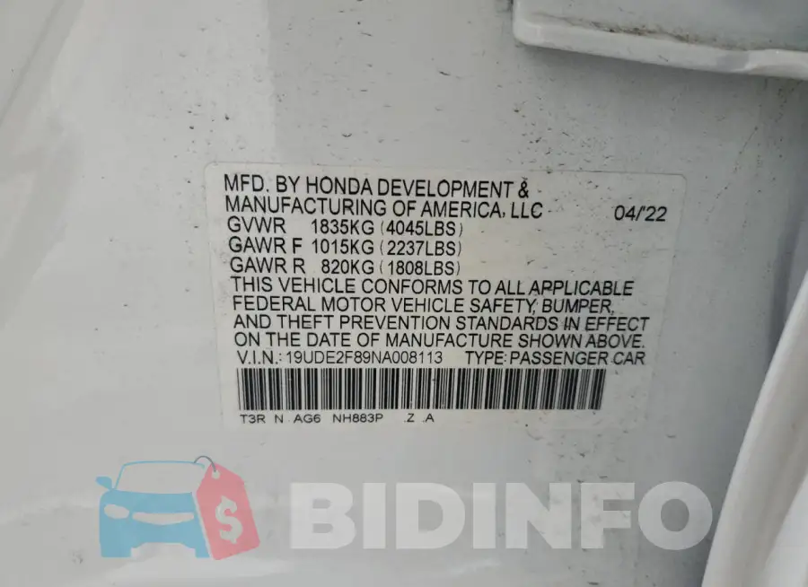 19UDE2F89NA008113 Photo# 13
