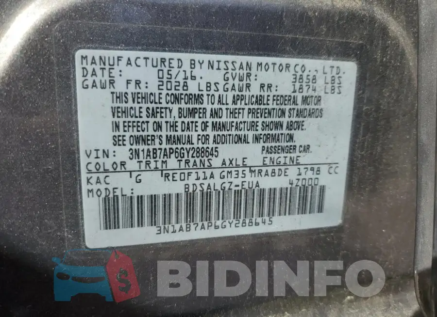 3N1AB7AP6GY288645 Photo# 13