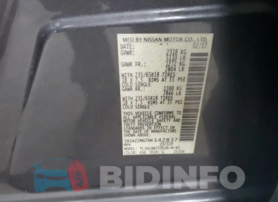 5N1AZ2MG7HN142837 Photo# 13