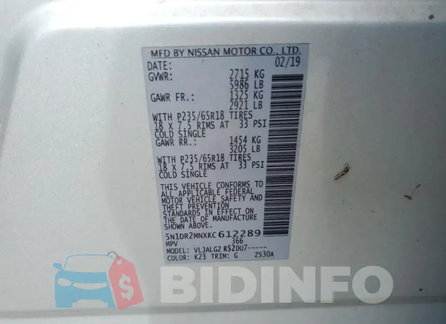 5N1DR2MNXKC612289 Photo# 13