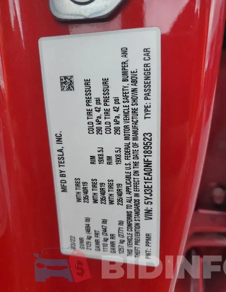 5YJ3E1EA0NF189523 Photo# 12
