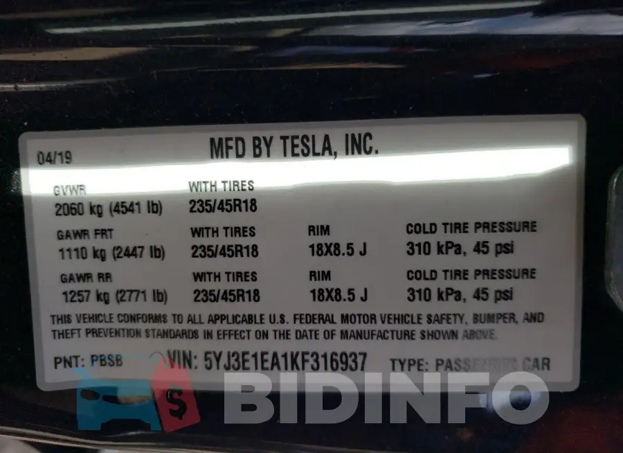 5YJ3E1EA1KF316937 Photo# 13