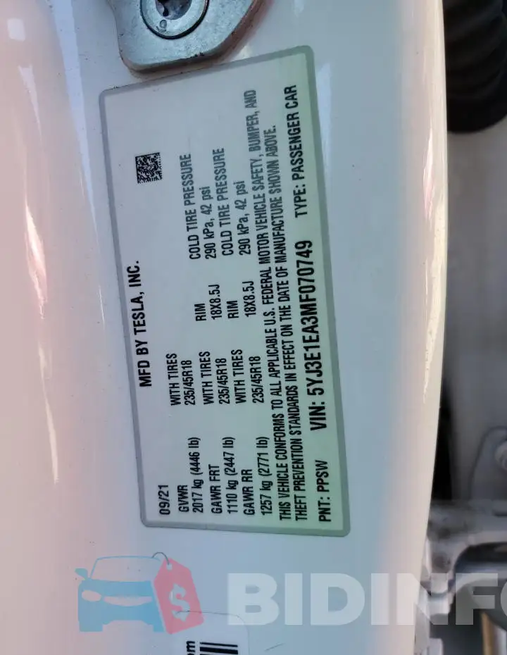5YJ3E1EA3MF070749 Photo# 10