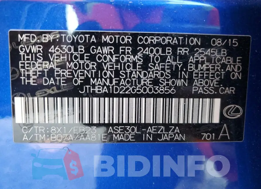 JTHBA1D22G5003856 Photo# 12