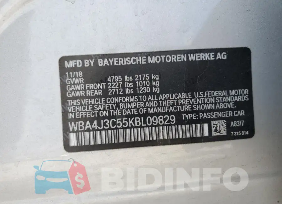 WBA4J3C55KBL09829 Photo# 12