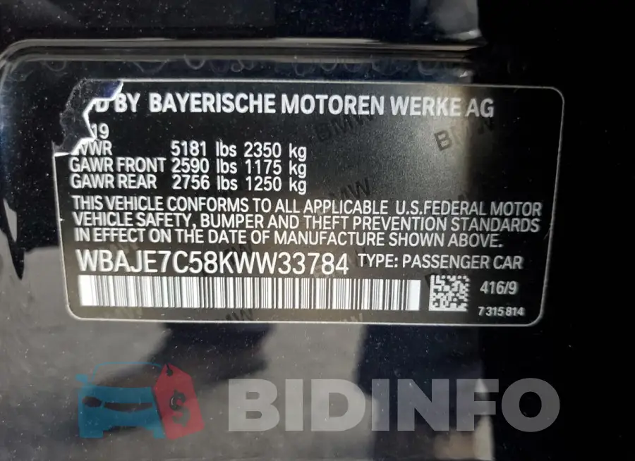 WBAJE7C58KWW33784 Photo# 13