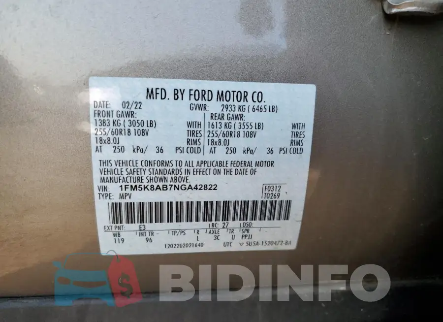 1FM5K8AB7NGA42822 Photo# 13