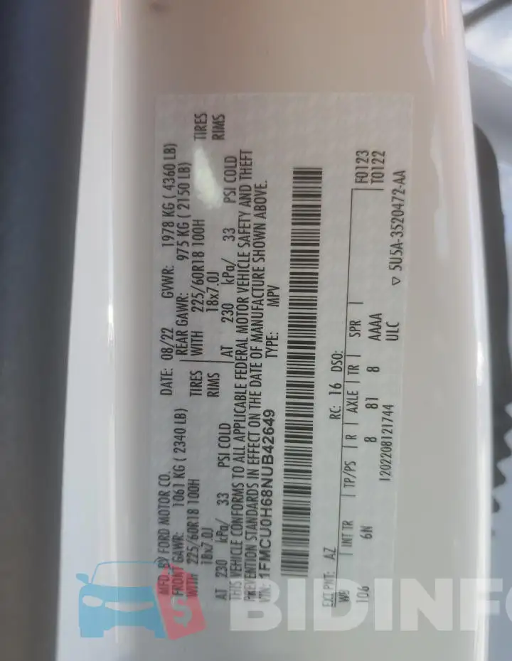 1FMCU0H68NUB42649 Photo# 13