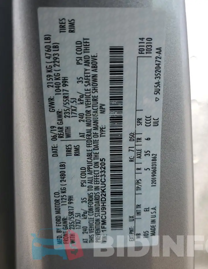 1FMCU9HD2KUC33205 Photo# 13