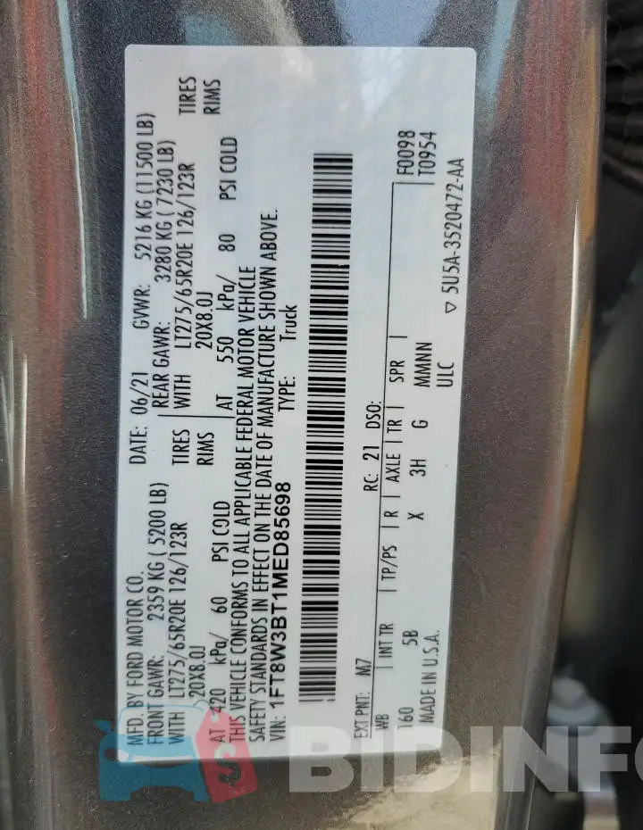 1FT8W3BT1MED85698 Photo# 11