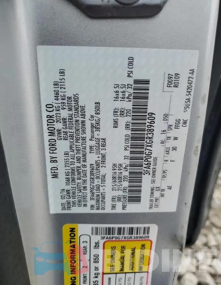 3FA6P0G7XGR389609 Photo# 12