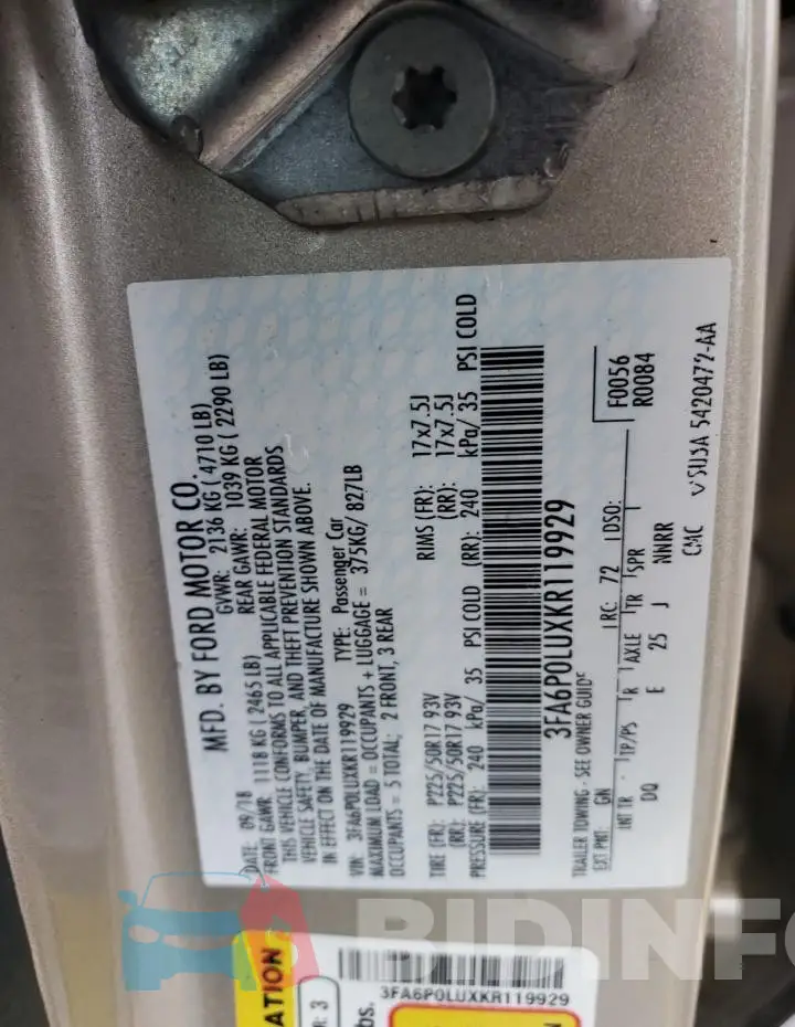 3FA6P0LUXKR119929 Photo# 12