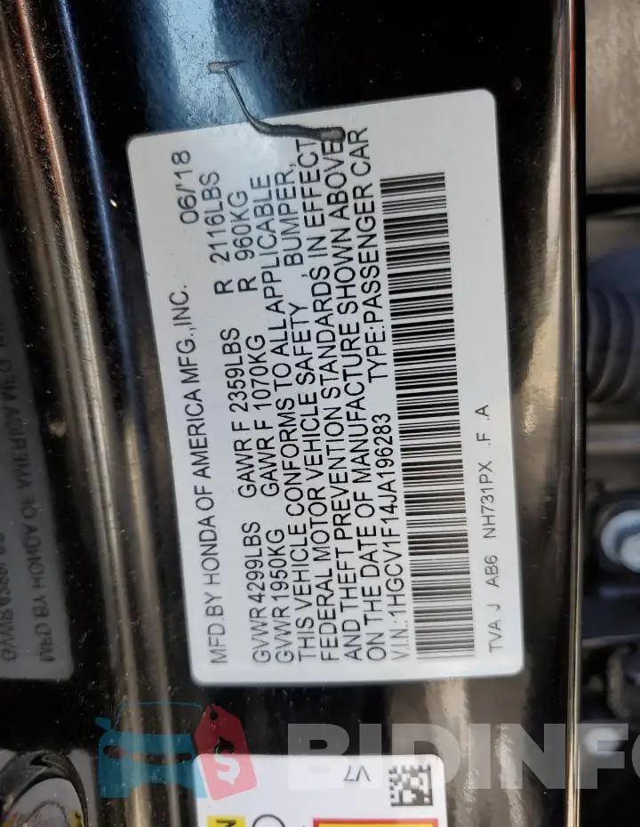 1HGCV1F14JA196283 Photo# 12