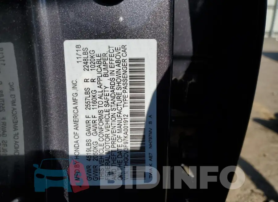 1HGCV3F97KA001912 Photo# 12