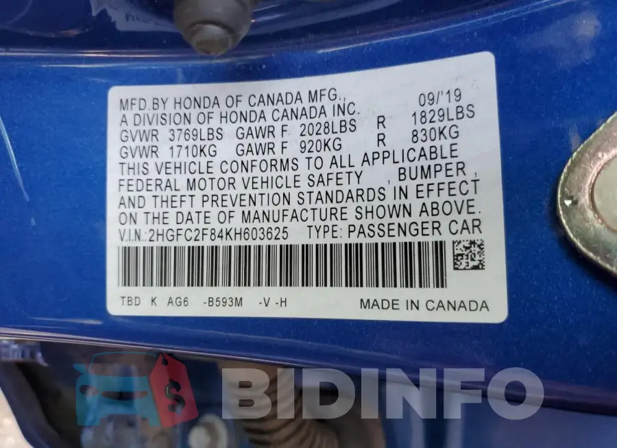 2HGFC2F84KH603625 Photo# 12