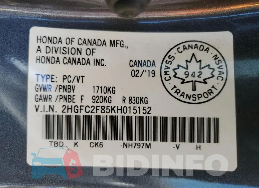 2HGFC2F85KH015152 Photo# 12