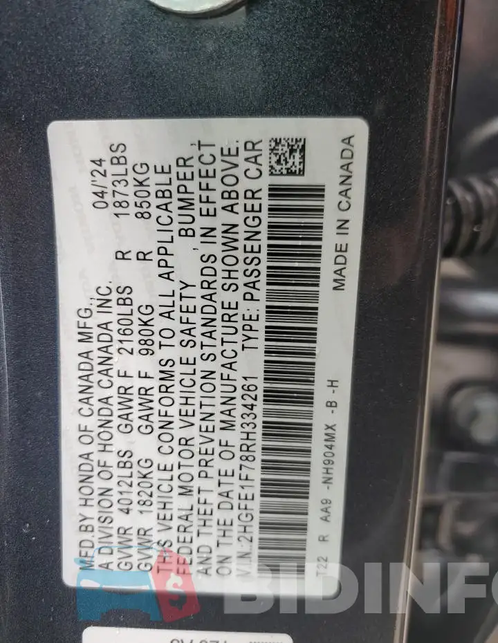 2HGFE1F78RH334261 Photo# 12