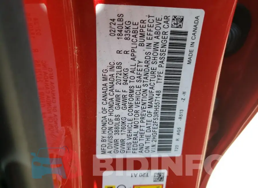 2HGFE2F53RH557148 Photo# 13