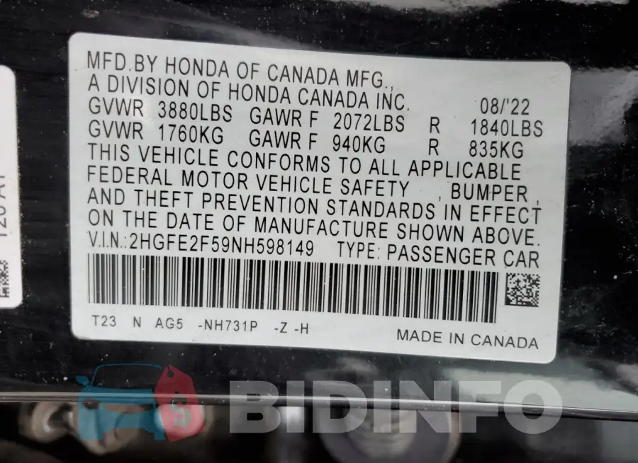 2HGFE2F59NH598149 Photo# 12