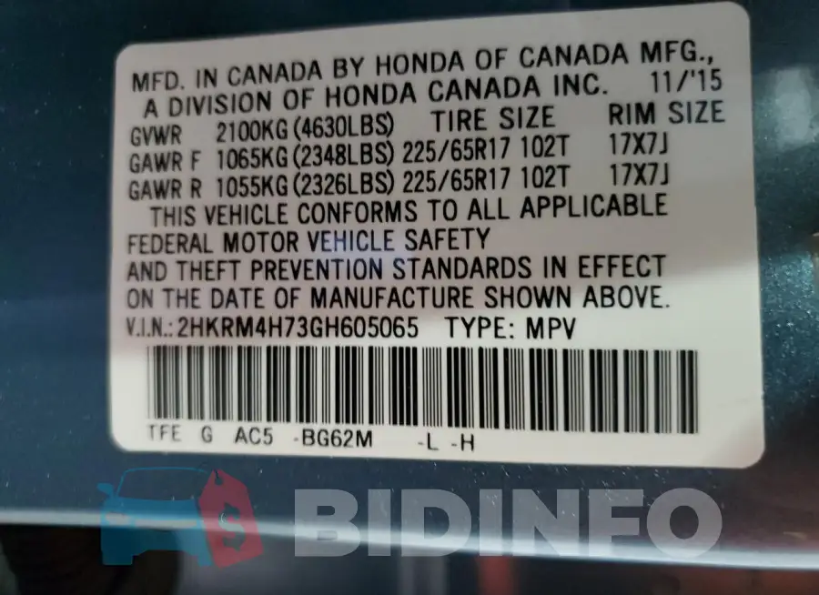 2HKRM4H73GH605065 Photo# 12