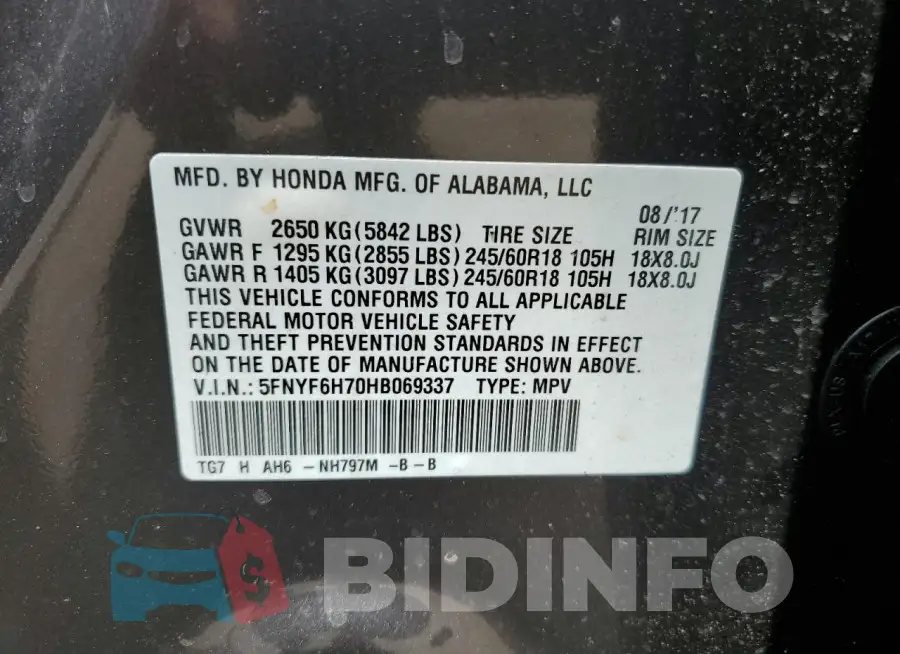 5FNYF6H70HB069337 Photo# 13
