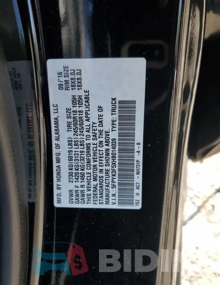 5FPYK3F5XHB014039 Photo# 12
