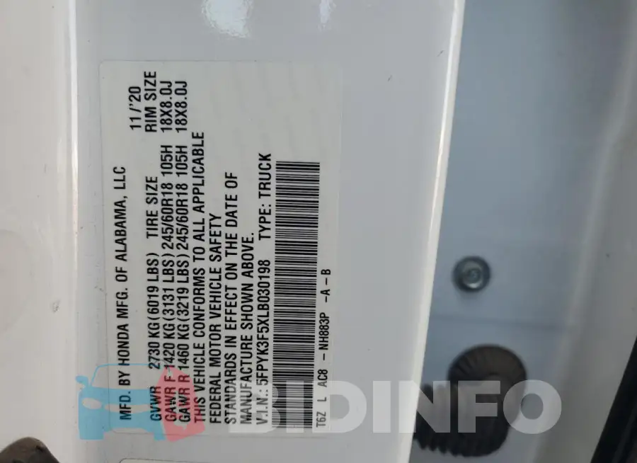 5FPYK3F5XLB030198 Photo# 12