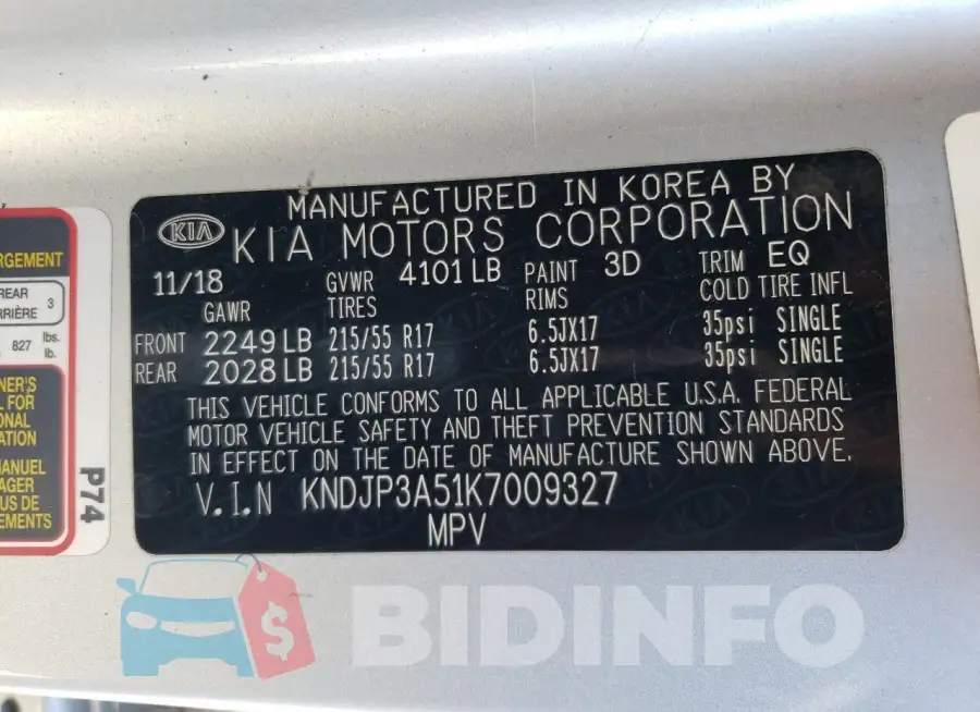 KNDJP3A51K7009327 Photo# 12