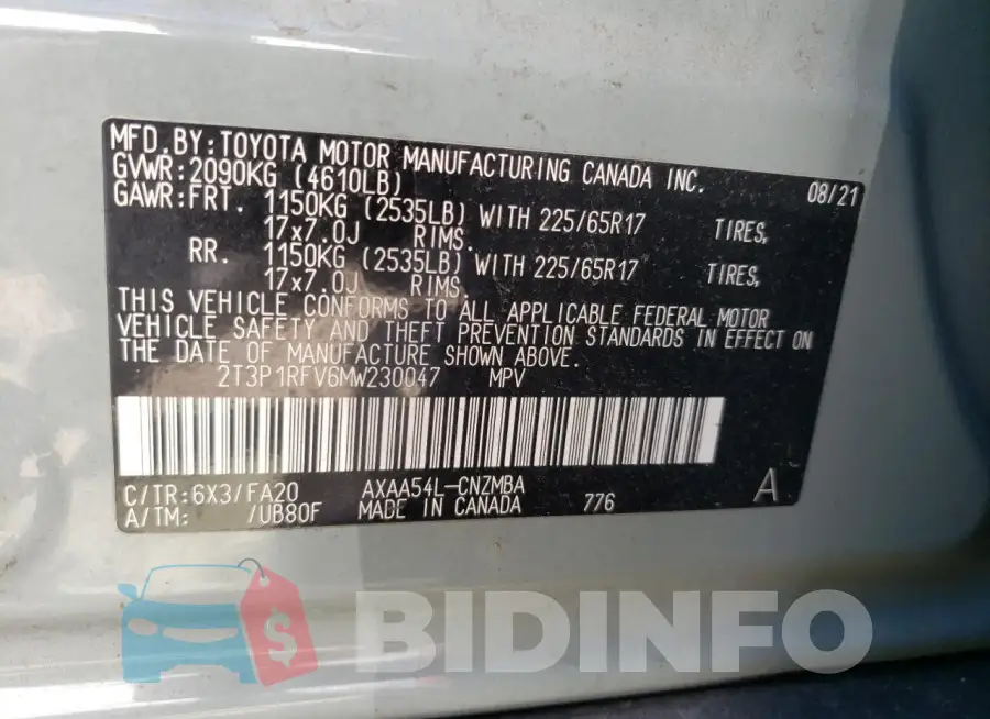 2T3P1RFV6MW230047 Photo# 13