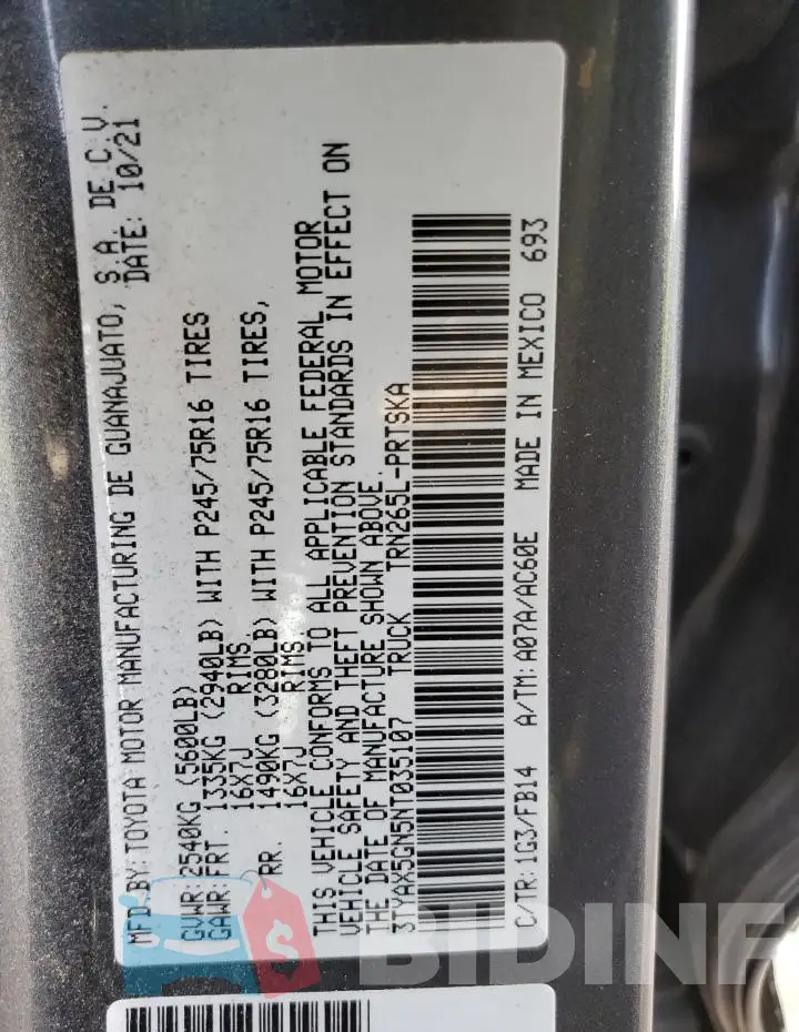 3TYAX5GN5NT035107 Photo# 13
