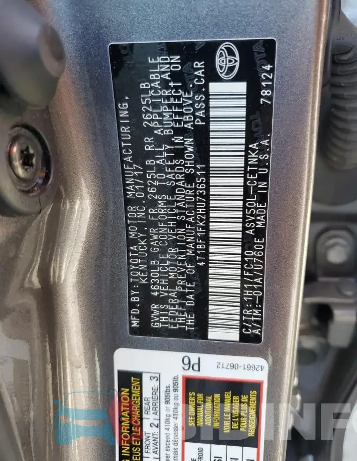 4T1BF1FK2HU736511 Photo# 12