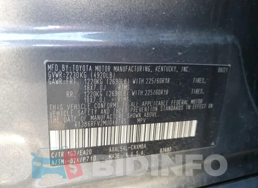 4T3B6RFV2MU048745 Photo# 12