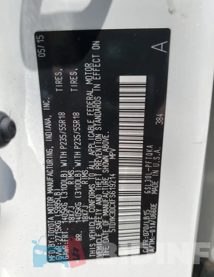 5TDYK3DCXFS619214 Photo# 14