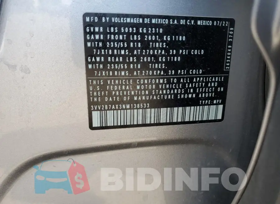3VV2B7AX3NM138533 Photo# 12
