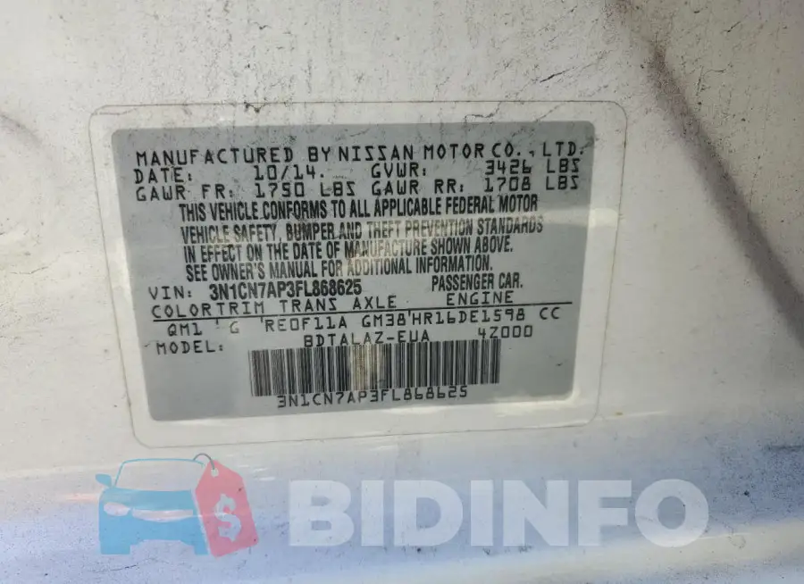 3N1CN7AP3FL868625 Photo# 12
