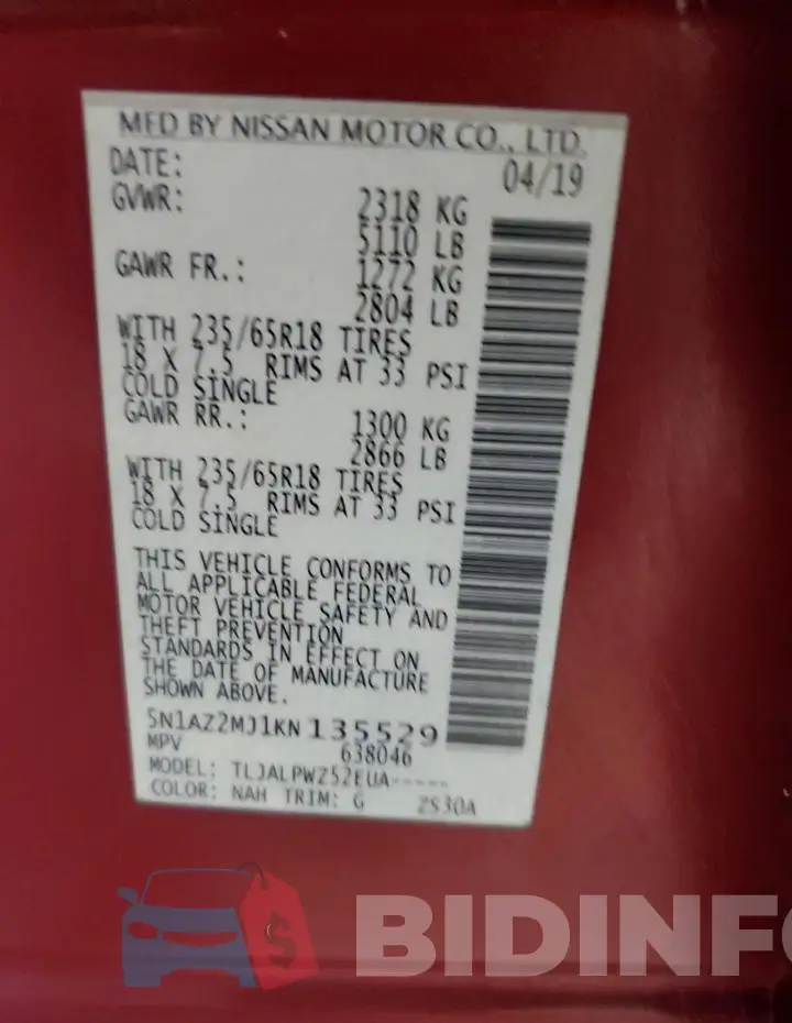 5N1AZ2MJ1KN135529 Photo# 12